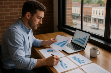 work on your business: business owner at a desk reviewing charts and graphs with a laptop and coffee, bright office with small-town street view.