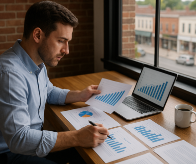 work on your business: business owner at a desk reviewing charts and graphs with a laptop and coffee, bright office with small-town street view.