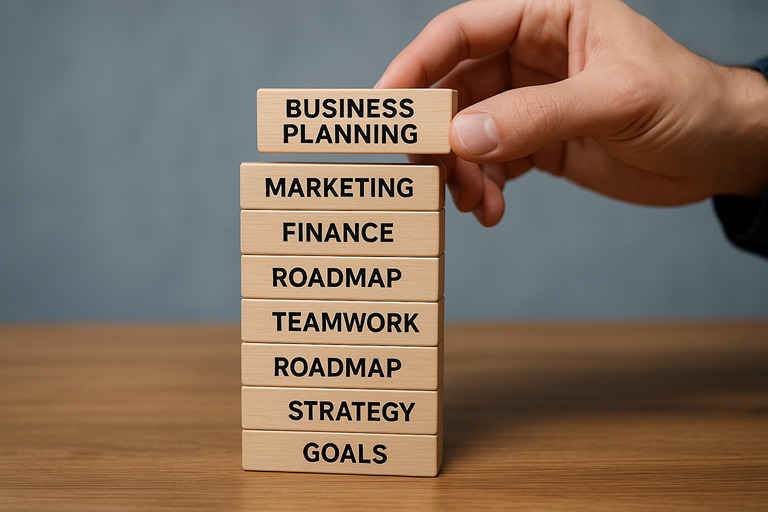 small business growth plan: close-up of a hand stacking wooden blocks labelled Goals, Strategy, Roadmap, Teamwork, Finance, Marketing, Business Planning, symbolising steps for small business growth.