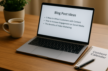 content marketing for small business: A tidy wooden desk with a laptop displaying “Blog Post Ideas,” a notebook titled “Content Calendar,” a pen, a coffee cup, and a small plant, symbolising content planning and marketing strategy.