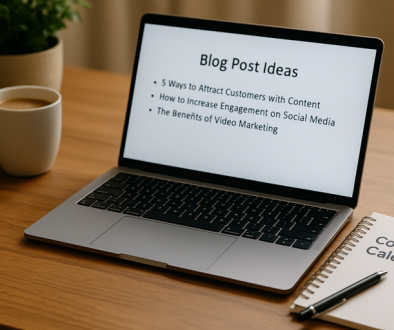 content marketing for small business: A tidy wooden desk with a laptop displaying “Blog Post Ideas,” a notebook titled “Content Calendar,” a pen, a coffee cup, and a small plant, symbolising content planning and marketing strategy.
