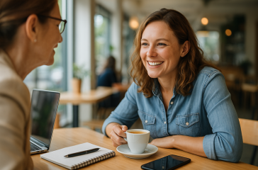 get more business referrals: A small business owner smiling while chatting over coffee with a colleague in a bright café; a laptop and notepad are on the table, creating a warm networking atmosphere.