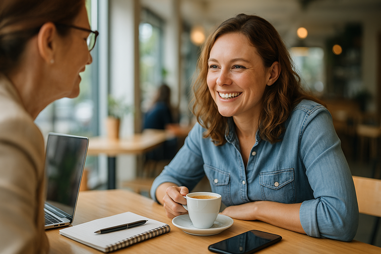 get more business referrals: A small business owner smiling while chatting over coffee with a colleague in a bright café; a laptop and notepad are on the table, creating a warm networking atmosphere.
