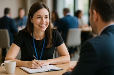 A small business owner with a friendly smile sits at a networking event table with a notebook and coffee, engaged in a calm one-on-one conversation, showing the approachable side of networking for introverts.; networking tips for introverts