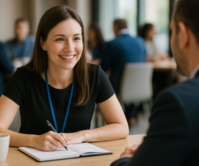 A small business owner with a friendly smile sits at a networking event table with a notebook and coffee, engaged in a calm one-on-one conversation, showing the approachable side of networking for introverts.; networking tips for introverts