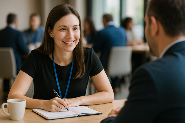 A small business owner with a friendly smile sits at a networking event table with a notebook and coffee, engaged in a calm one-on-one conversation, showing the approachable side of networking for introverts.; networking tips for introverts