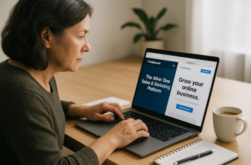 choose CRM: A middle-aged New Zealand small business owner sits at a tidy desk comparing CRM platforms on a laptop. The screen shows two open tabs: one with GoHighLevel and another with Systeme.io. A notepad, pen, and coffee cup are on the desk, symbolising decision-making for CRM selection.