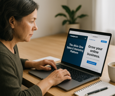 choose CRM: A middle-aged New Zealand small business owner sits at a tidy desk comparing CRM platforms on a laptop. The screen shows two open tabs: one with GoHighLevel and another with Systeme.io. A notepad, pen, and coffee cup are on the desk, symbolising decision-making for CRM selection.