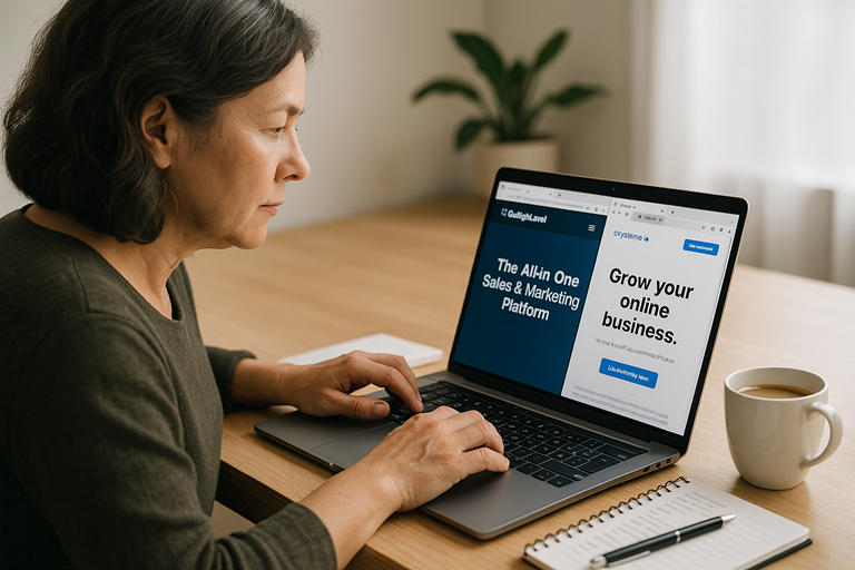 choose CRM: A middle-aged New Zealand small business owner sits at a tidy desk comparing CRM platforms on a laptop. The screen shows two open tabs: one with GoHighLevel and another with Systeme.io. A notepad, pen, and coffee cup are on the desk, symbolising decision-making for CRM selection.