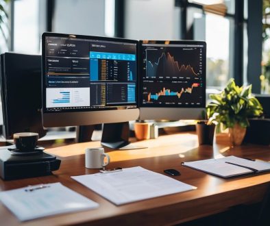 CRM small business operations; A small business owner working at a tidy desk with a laptop showing a CRM dashboard; coffee and notes nearby, symbolising streamlined operations.