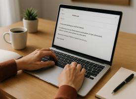 A small business owner types a follow-up email on a laptop at a tidy desk, with a notebook, pen, coffee cup, and small plant nearby, symbolising simple and effective networking follow-ups. networking follow-up email template