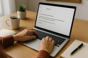 A small business owner types a follow-up email on a laptop at a tidy desk, with a notebook, pen, coffee cup, and small plant nearby, symbolising simple and effective networking follow-ups. networking follow-up email template