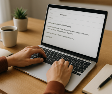 A small business owner types a follow-up email on a laptop at a tidy desk, with a notebook, pen, coffee cup, and small plant nearby, symbolising simple and effective networking follow-ups. networking follow-up email template