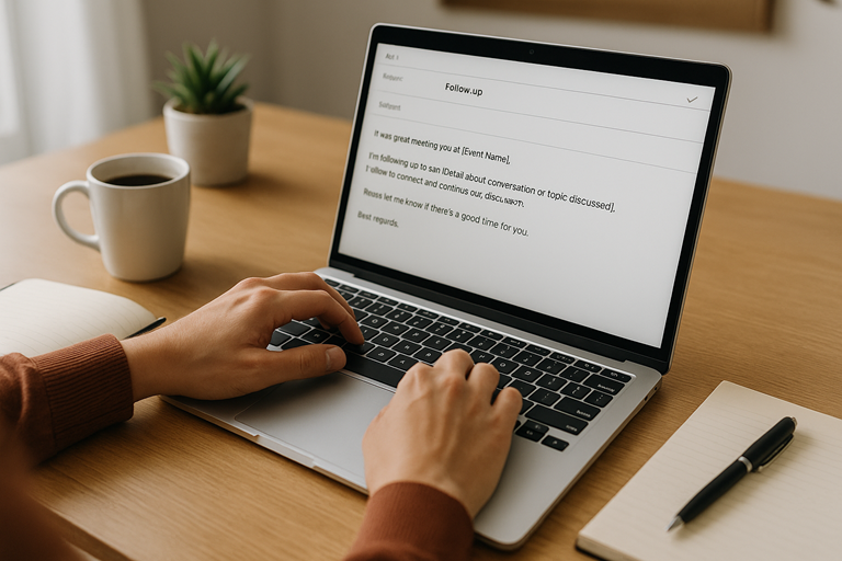 A small business owner types a follow-up email on a laptop at a tidy desk, with a notebook, pen, coffee cup, and small plant nearby, symbolising simple and effective networking follow-ups. networking follow-up email template