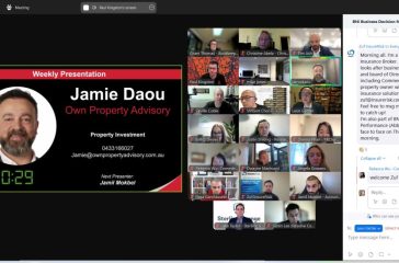 A Zoom meeting screenshot showing a BNI chapter session. On the left, a slide introduces the weekly presenter. On the right, multiple participants are visible in a grid view, including Christine Abela and other members. A chat box on the far right shows a message introducing a new participant, and a welcome reply from another member.