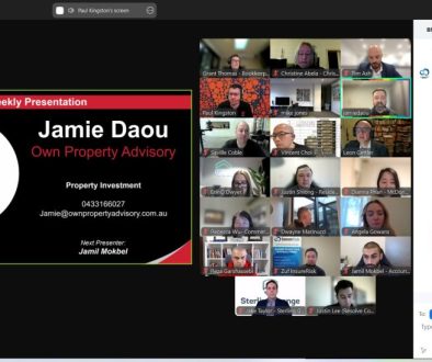 A Zoom meeting screenshot showing a BNI chapter session. On the left, a slide introduces the weekly presenter. On the right, multiple participants are visible in a grid view, including Christine Abela and other members. A chat box on the far right shows a message introducing a new participant, and a welcome reply from another member.
