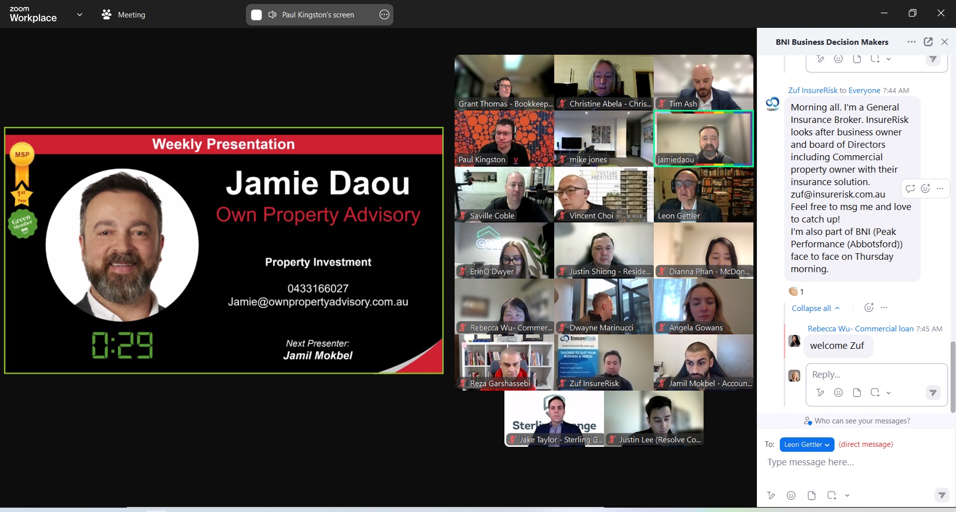 A Zoom meeting screenshot showing a BNI chapter session. On the left, a slide introduces the weekly presenter. On the right, multiple participants are visible in a grid view, including Christine Abela and other members. A chat box on the far right shows a message introducing a new participant, and a welcome reply from another member.