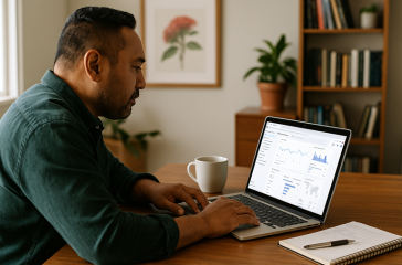 Google analytics SEO: A male Pacifica New Zealand small business owner reviews a Google Analytics 4 dashboard on his laptop in a home office. The screen displays charts and graphs for traffic and engagement. A notepad and coffee cup sit on the desk, symbolising simple SEO insights being tracked.