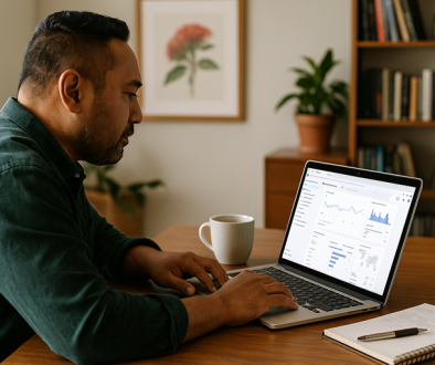 Google analytics SEO: A male Pacifica New Zealand small business owner reviews a Google Analytics 4 dashboard on his laptop in a home office. The screen displays charts and graphs for traffic and engagement. A notepad and coffee cup sit on the desk, symbolising simple SEO insights being tracked.