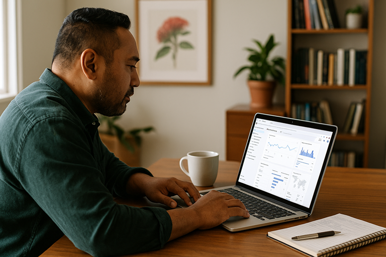 Google analytics SEO: A male Pacifica New Zealand small business owner reviews a Google Analytics 4 dashboard on his laptop in a home office. The screen displays charts and graphs for traffic and engagement. A notepad and coffee cup sit on the desk, symbolising simple SEO insights being tracked.