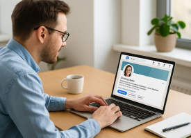 LinkedIn networking: A small business owner works on a laptop in a bright office with a LinkedIn profile open on the screen, coffee and notepad on the desk, symbolising professional yet approachable online networking.