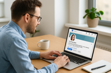 LinkedIn networking: A small business owner works on a laptop in a bright office with a LinkedIn profile open on the screen, coffee and notepad on the desk, symbolising professional yet approachable online networking.