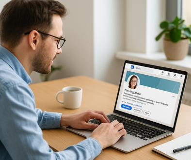 LinkedIn networking: A small business owner works on a laptop in a bright office with a LinkedIn profile open on the screen, coffee and notepad on the desk, symbolising professional yet approachable online networking.