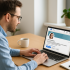 LinkedIn networking: A small business owner works on a laptop in a bright office with a LinkedIn profile open on the screen, coffee and notepad on the desk, symbolising professional yet approachable online networking.