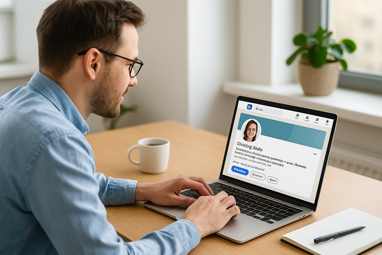 LinkedIn networking: A small business owner works on a laptop in a bright office with a LinkedIn profile open on the screen, coffee and notepad on the desk, symbolising professional yet approachable online networking.