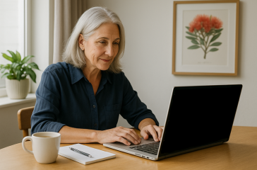 A mature New Zealand small business owner with silver hair works at a laptop in a bright home office. The laptop screen shows Google search results with a local business listing. A coffee cup and notepad are on the desk, and a pohutukawa print hangs on the wall, symbolising SEO for NZ small businesses.