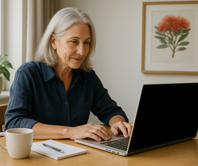 A mature New Zealand small business owner with silver hair works at a laptop in a bright home office. The laptop screen shows Google search results with a local business listing. A coffee cup and notepad are on the desk, and a pohutukawa print hangs on the wall, symbolising SEO for NZ small businesses.