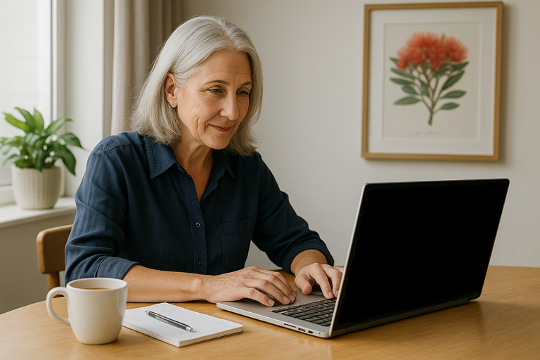 A mature New Zealand small business owner with silver hair works at a laptop in a bright home office. The laptop screen shows Google search results with a local business listing. A coffee cup and notepad are on the desk, and a pohutukawa print hangs on the wall, symbolising SEO for NZ small businesses.