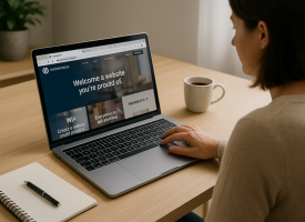 A New Zealand small business owner compares website platforms on a laptop. The screen shows tabs for WordPress, Wix, and Squarespace. A notepad, pen, and coffee cup are on the desk, symbolising the decision-making process for choosing a website builder. WordPress vs Wix