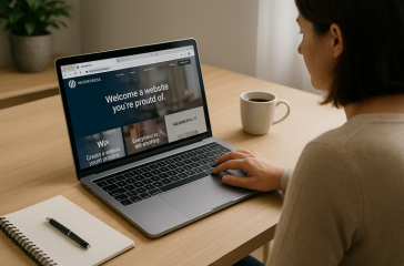 A New Zealand small business owner compares website platforms on a laptop. The screen shows tabs for WordPress, Wix, and Squarespace. A notepad, pen, and coffee cup are on the desk, symbolising the decision-making process for choosing a website builder. WordPress vs Wix