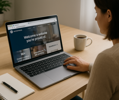 A New Zealand small business owner compares website platforms on a laptop. The screen shows tabs for WordPress, Wix, and Squarespace. A notepad, pen, and coffee cup are on the desk, symbolising the decision-making process for choosing a website builder. WordPress vs Wix