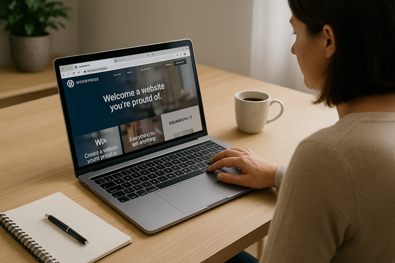 A New Zealand small business owner compares website platforms on a laptop. The screen shows tabs for WordPress, Wix, and Squarespace. A notepad, pen, and coffee cup are on the desk, symbolising the decision-making process for choosing a website builder. WordPress vs Wix