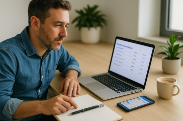 A New Zealand small business owner sits at a tidy desk with a laptop showing an email automation dashboard. A smartphone on the desk displays scheduled social media posts. A coffee cup, notepad, and plant complete the workspace, symbolising efficient business automation.