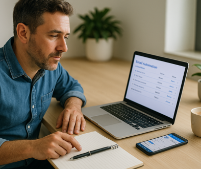 A New Zealand small business owner sits at a tidy desk with a laptop showing an email automation dashboard. A smartphone on the desk displays scheduled social media posts. A coffee cup, notepad, and plant complete the workspace, symbolising efficient business automation.
