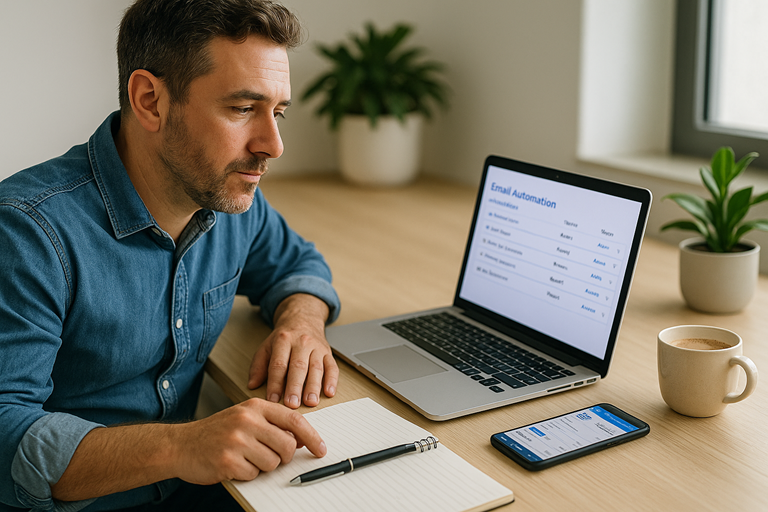 A New Zealand small business owner sits at a tidy desk with a laptop showing an email automation dashboard. A smartphone on the desk displays scheduled social media posts. A coffee cup, notepad, and plant complete the workspace, symbolising efficient business automation.