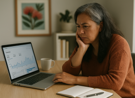 common SEO mistakes: A middle-aged New Zealand woman of Polynesian descent sits at a tidy desk with a laptop showing a website analytics dashboard with low results. She looks concerned but focused, with a coffee cup and notepad on the desk, symbolising problem-solving and the potential for SEO-driven growth.