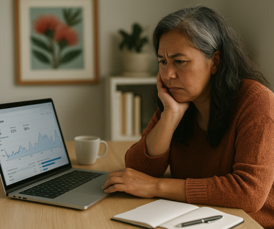 common SEO mistakes: A middle-aged New Zealand woman of Polynesian descent sits at a tidy desk with a laptop showing a website analytics dashboard with low results. She looks concerned but focused, with a coffee cup and notepad on the desk, symbolising problem-solving and the potential for SEO-driven growth.