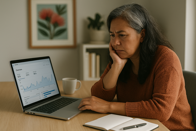 common SEO mistakes: A middle-aged New Zealand woman of Polynesian descent sits at a tidy desk with a laptop showing a website analytics dashboard with low results. She looks concerned but focused, with a coffee cup and notepad on the desk, symbolising problem-solving and the potential for SEO-driven growth.