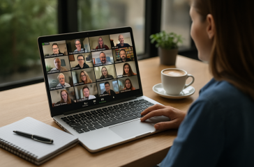 online networking online networking: A small business owner participates in a Zoom BNI video call with international contacts. Her laptop screen shows a grid of diverse professionals from different countries, with a notepad and coffee on the desk, symbolising online networking across borders.