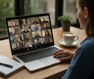 online networking: A small business owner participates in a Zoom BNI video call with international contacts. Her laptop screen shows a grid of diverse professionals from different countries, with a notepad and coffee on the desk, symbolising online networking across borders.