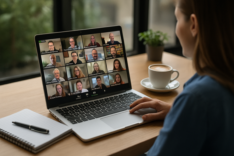 online networking online networking: A small business owner participates in a Zoom BNI video call with international contacts. Her laptop screen shows a grid of diverse professionals from different countries, with a notepad and coffee on the desk, symbolising online networking across borders.