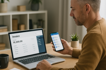 A middle-aged New Zealand small business owner sits at a tidy desk with a laptop showing an invoicing dashboard and a smartphone displaying a social media scheduling app. A notepad, pen, and coffee cup are on the desk, symbolising the balance between outsourcing and automation for efficiency. outsource or automate tasks
