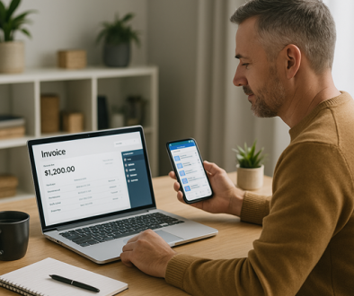 A middle-aged New Zealand small business owner sits at a tidy desk with a laptop showing an invoicing dashboard and a smartphone displaying a social media scheduling app. A notepad, pen, and coffee cup are on the desk, symbolising the balance between outsourcing and automation for efficiency. outsource or automate tasks