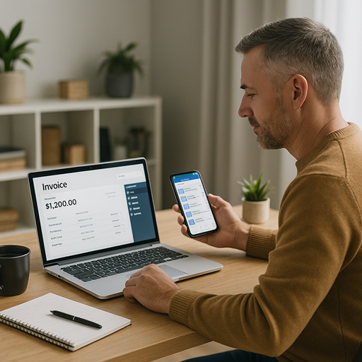 A middle-aged New Zealand small business owner sits at a tidy desk with a laptop showing an invoicing dashboard and a smartphone displaying a social media scheduling app. A notepad, pen, and coffee cup are on the desk, symbolising the balance between outsourcing and automation for efficiency. outsource or automate tasks