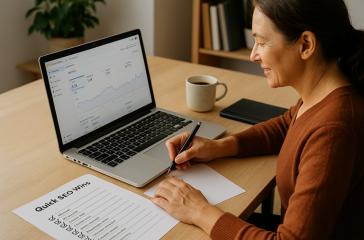 quick SEO wins: A New Zealand small business owner sits at a desk with a laptop showing Google Analytics. A checklist titled “Quick SEO Wins” and a coffee cup are on the desk, symbolising easy SEO improvements being completed step by step.