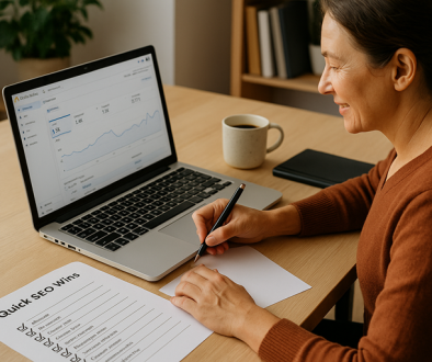 quick SEO wins: A New Zealand small business owner sits at a desk with a laptop showing Google Analytics. A checklist titled “Quick SEO Wins” and a coffee cup are on the desk, symbolising easy SEO improvements being completed step by step.